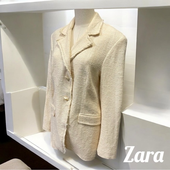 ZARA WOMEN NEW 100% Cotton Tweed Textured BLAZER w/ Pockets OYSTER WHITE Size L - Picture 1 of 12